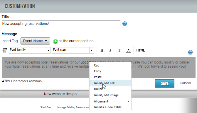 Adding Hyperlinks in Booking Website Text Elements