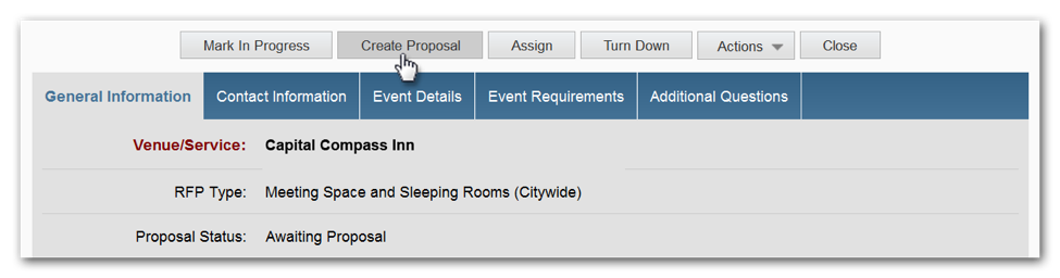 General Information tab in an RFP, with the Create Proposal button highlighted.