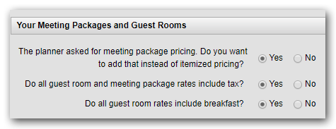Yes or No questions about meeting packages, taxes, and rates in Step 2 of the proposal wizard.