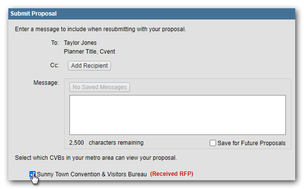 Submit Proposal prompt, with a CVB selected.