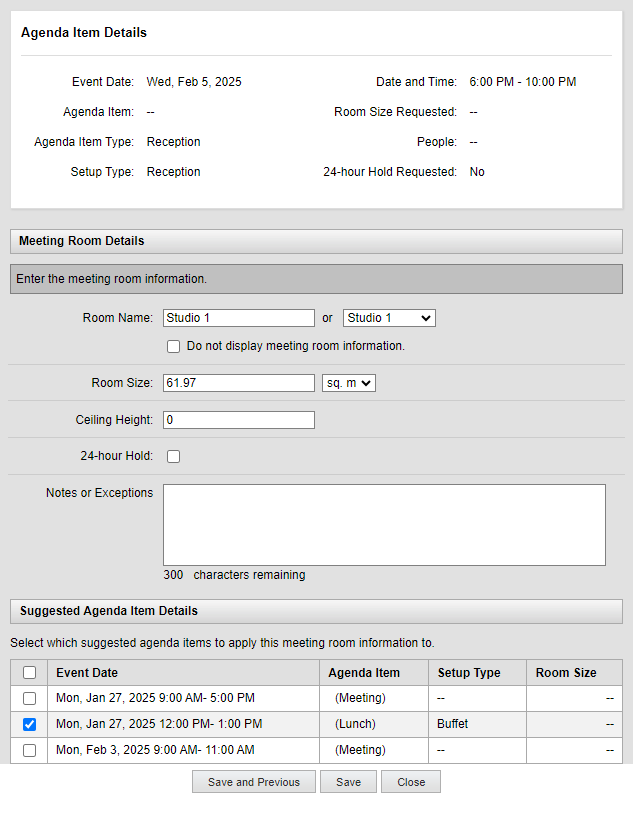 Overview of the Add Meeting Room popup window. The room details are visible. Under Suggested Agenda Items Details, an additional agenda item is selected for the same meeting room.