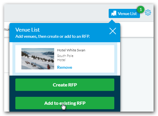Selected venues list with Add to existing RFP button highlighted.