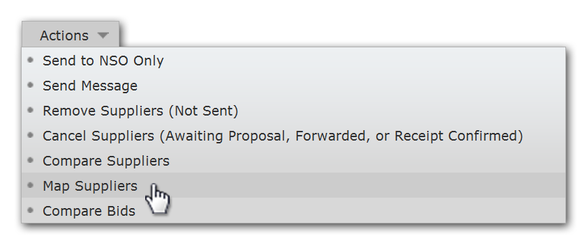 Actions dropdown with the Map Suppliers option highlighted.
