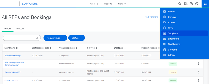 Overview of the top navigation on the All RFPs page, with the App Switcher dropdown expanded in the top right, and the Suppliers solution highlighted in the dropdown.