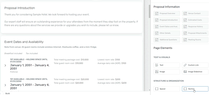 Animation showing how to add a section to the canvas and how to add a widget to the section.