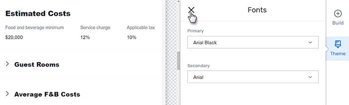 The Close icon is highlighted next to the Fonts customization menu.