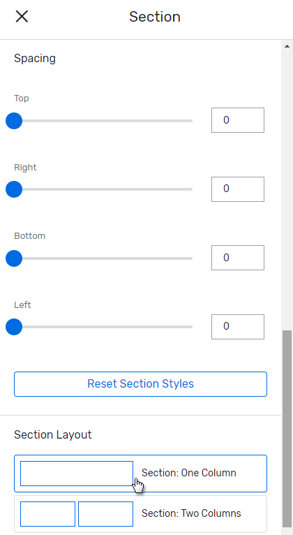 Overview of the Section menu, with Section: One Column selected under Section Layout.