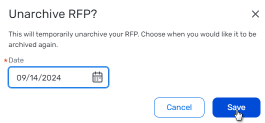 A date is selected for the RFP to be re-archived, and the Save button is highlighted.