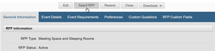 The Award RFP button is selected at the top of the page, above the RFP information.