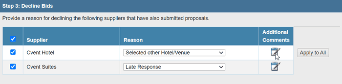 Two venues were declined for different reasons. The Comments icon is selected next to one of the decline reasons..