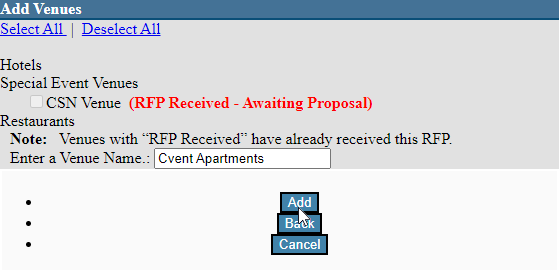 The name of a venue that is not available in the Supplier Network is typed in, ad the Add button is highlighted.