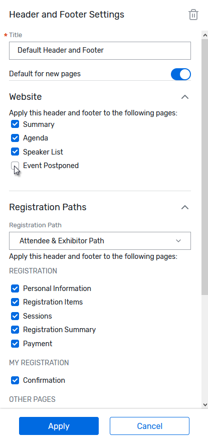 Uncheck the box to the left of "Event postponed" to remove the header and footer from a page