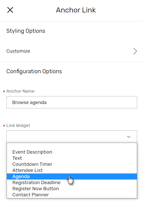 Click Agenda from the Link Widget dropdown