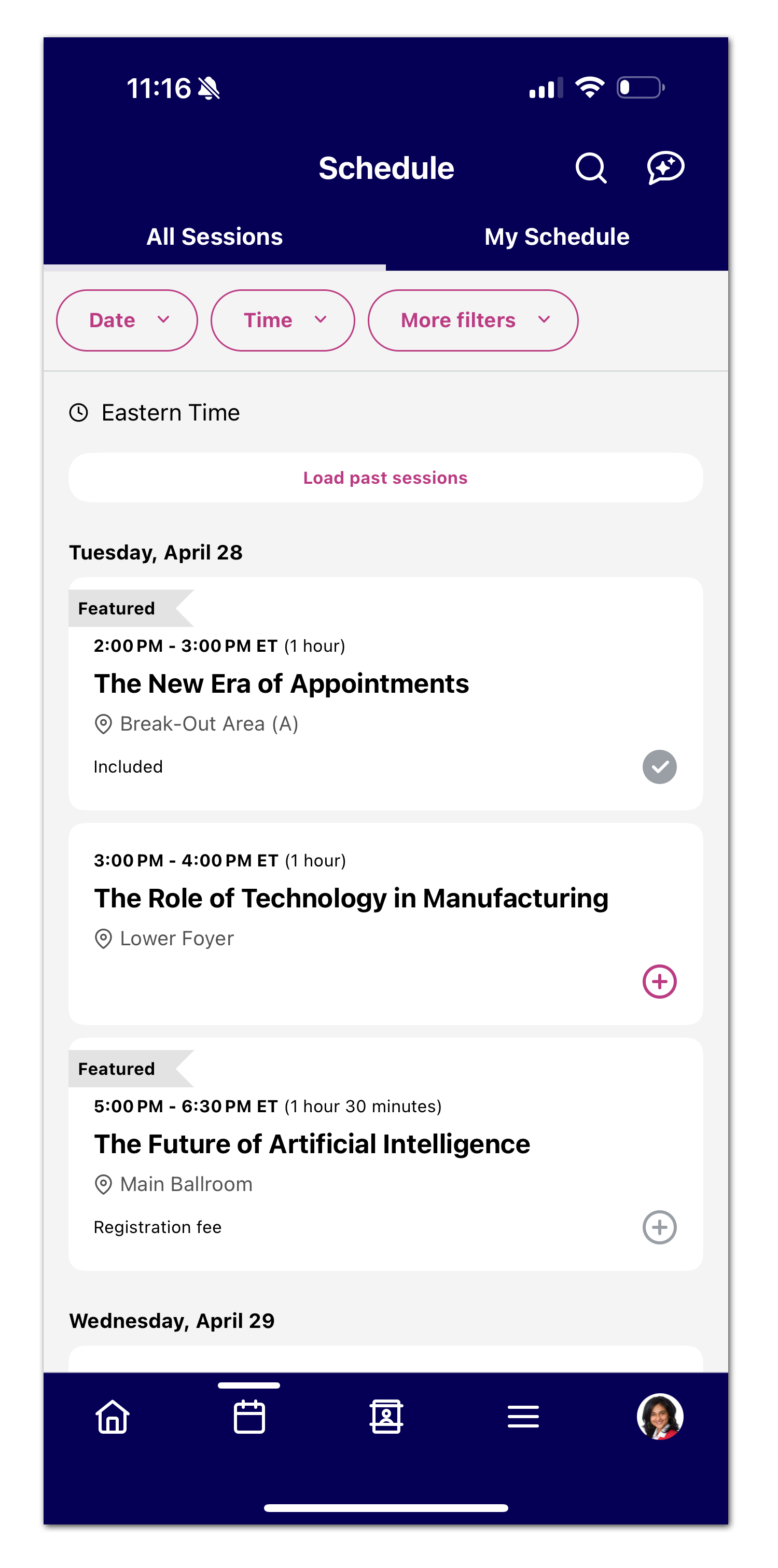 Image of the all sessions tab of the schedule section of the event app.
