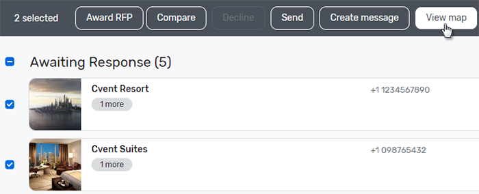 List of venues on the Venues page of an RFP, with two venues selected and the View map button highlighted.
