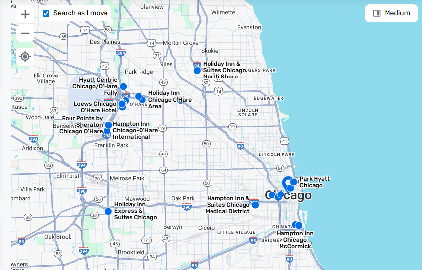 Map feature on the Supplier Network search results page. The Medium view is selected.