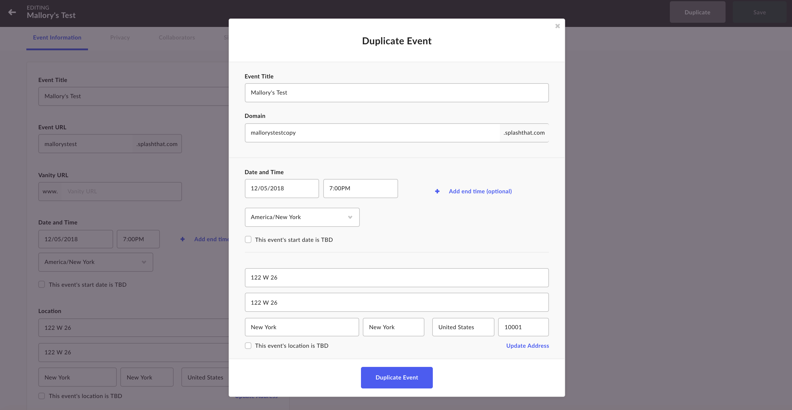 How do I duplicate an event page?