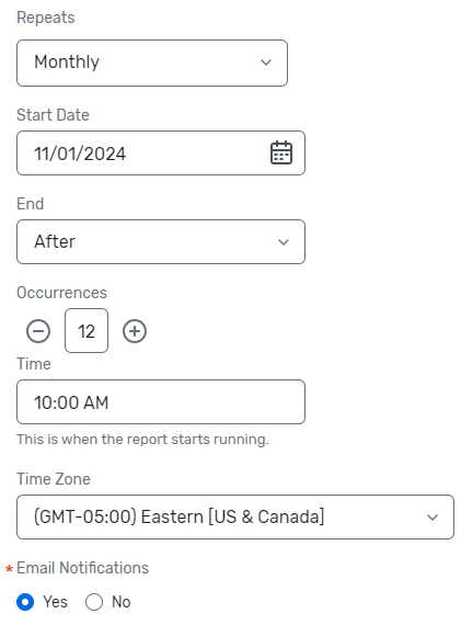 An image showing an example of report schedule set up.